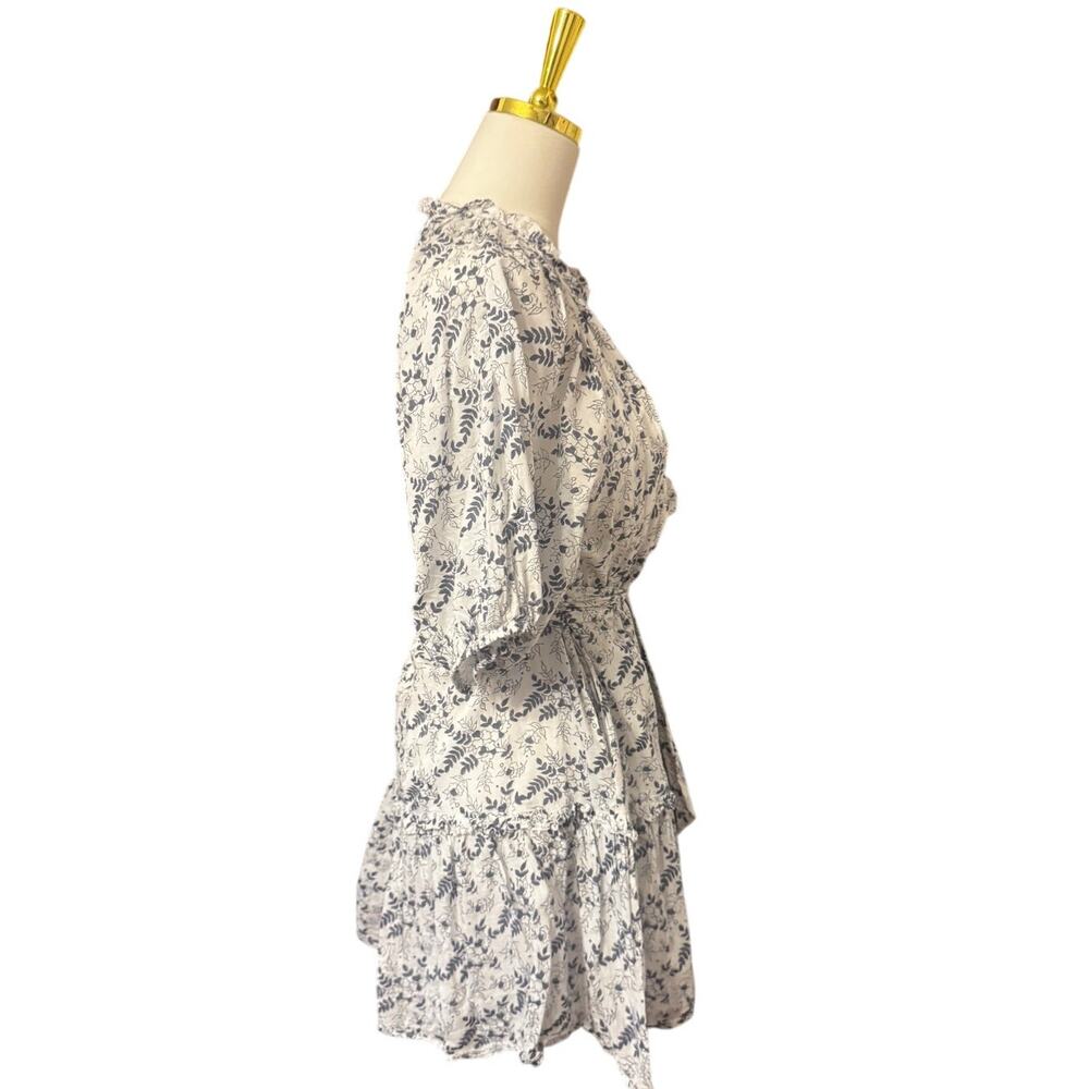 Cleobella Nevah Floral Mini Dress White Blue Puff Sleeve Tie Belt Cotton Size M - Picture 4 of 6